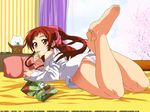  :3 ass bag bare_shoulders barefoot bed bedroom blush book breasts cat character_name cherry_blossoms cloud crossed_legs curtains day dress_shirt eating feet food food_in_mouth foreshortening full_body hair_ribbon indoors leaf legs legs_up long_sleeves looking_at_viewer looking_back lying medium_breasts mouth_hold no_bra no_pants o_o off_shoulder official_art on_bed on_stomach onda_aka open_book panties pillow pink_ribbon rec red_eyes red_hair ribbon shimizu_keita shirt sideboob sidelocks sky solo striped third-party_edit tree underwear vertical_stripes wallpaper wallpaper_(object) watermark web_address white_panties white_shirt window 