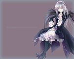  aisha_callaaisha black_footwear boots brown_background cape cross-laced_clothes dress frills full_body hairband knee_boots lolita_hairband long_hair long_sleeves looking_at_viewer pink_eyes rozen_maiden silver_hair simple_background solo standing suigintou wallpaper white_dress 