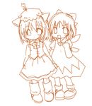  :d animal_ears bangs bow bow_bra bra brown cat_ears chen cirno eyebrows_visible_through_hair flower_ornament futami_yayoi hair_bow hat lowres monochrome multiple_girls open_mouth shoes short_hair skirt smile socks touhou underwear v-shaped_eyebrows wings 