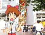  :d bow brown_eyes brown_hair cowboy_shot crazy_eyes dress_shirt gegege_no_kitarou heika_(heikahp) looking_at_viewer microphone nekomusume open_mouth pink_bow red_skirt reporter shirt skirt smile solo talking white_shirt 