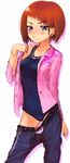  :&lt; angry belt blue_eyes blush bob_cut bracelet denim earrings embarrassed jeans jewelry negy one-piece_swimsuit open_clothes open_fly open_shirt original pants pants_pull red_hair ring school_swimsuit shirt short_hair solo sweat swimsuit swimsuit_under_clothes undressing unzipped 