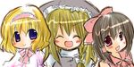  ^_^ alice_margatroid blonde_hair blue_eyes blush_stickers bow braid brown_hair capelet closed_eyes futami_yayoi hair_bow hairband hakurei_reimu happy hat kirisame_marisa long_hair looking_at_viewer multiple_girls pink_bow red_eyes ribbon short_hair side_braid sidelocks smile touhou upper_body witch_hat 