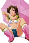  boots bra breasts brown_hair copyright_request highres lingerie medium_breasts midriff one_eye_closed pink_footwear red_eyes rin-sin shirt_lift short_shorts shorts sitting socks solo spread_legs twintails umbrella underboob underwear wet wet_clothes 