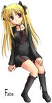  black_dress blonde_hair character_name choker collarbone dress fate_testarossa full_body head_tilt koyuki_(2smj) long_hair long_sleeves looking_at_viewer lyrical_nanoha mahou_shoujo_lyrical_nanoha red_eyes simple_background sitting solo twintails white_background 