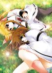  blonde_hair blue_eyes brown_hair fate_testarossa hair_ornament koide_yutaka lying lyrical_nanoha mahou_shoujo_lyrical_nanoha mahou_shoujo_lyrical_nanoha_a's multiple_girls on_side pantyhose red_eyes school_uniform seishou_elementary_school_uniform x_hair_ornament yagami_hayate 