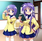  book clannad company_connection cosplay fujibayashi_kyou fujibayashi_kyou_(cosplay) fujibayashi_ryou fujibayashi_ryou_(cosplay) hiiragi_kagami hiiragi_tsukasa hikarizaka_private_high_school_uniform kyoto_animation lucky_star multiple_girls mutsuki_(moonknives) purple_hair school_uniform siblings sisters thighhighs twins 