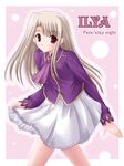  aikawa_fuugetsu ascot asymmetrical_bangs bangs blonde_hair character_name eyebrows_visible_through_hair fate/stay_night fate_(series) illyasviel_von_einzbern jacket leaning_forward long_hair long_sleeves looking_at_viewer purple_jacket red_eyes skirt smile solo white_skirt 