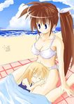  armpits arms_at_sides beach bikini blonde_hair blue_sky boshinote breasts cleavage cloud collarbone day lap_pillow long_hair lyrical_nanoha mahou_shoujo_lyrical_nanoha_strikers medium_breasts midriff multiple_girls navel outdoors sand shore short_hair side_ponytail sitting sky smile stomach summer swimsuit takamachi_nanoha very_long_hair vivio wariza water white_bikini 