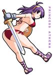  arm_strap ass athena_(series) bikini boots character_name cross-laced_footwear full_body gauntlets gloves hairband holding holding_shield holding_sword holding_weapon lace-up_boots long_hair outline princess_athena purple_footwear purple_hair red_bikini shield simple_background single_glove smile snk swimsuit sword tonpuu weapon white_background 