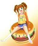  :d aqua_eyes brown_hair denim denim_skirt feet food hamburger idolmaster idolmaster_(classic) idolmaster_1 in_food kneehighs minigirl nishi_(count2.4) no_shoes open_mouth panties pantyshot raglan_sleeves skirt smile socks solo takatsuki_yayoi twintails underwear 