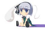  between_legs black_hairband blue_eyes bob_cut bow bowtie chibi grey_hair hairband hand_between_legs hitodama kirise_mitsuru konpaku_youmu konpaku_youmu_(ghost) short_hair short_sleeves sitting solo spread_legs touhou 