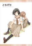  ankle_boots back-to-back black_hair black_legwear boots brown_footwear brown_hair brown_skirt flower full_body kneehighs knees_up looking_at_viewer multiple_girls ogawa_hidari original pleated_skirt school_uniform short_hair simple_background sitting skirt twintails white_background 