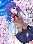  aikawa_fuugetsu bangs blurry cherry_blossoms day dutch_angle fate/stay_night fate_(series) hair_ribbon homurahara_academy_uniform long_hair long_sleeves looking_at_viewer matou_sakura motion_blur neck_ribbon outdoors outstretched_arm petals purple_eyes purple_hair reaching ribbon school_uniform shirt skirt sky solo tree vest wind 