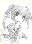  aiming_at_viewer cross_mirage gloves greyscale gun holding holding_gun holding_weapon lyrical_nanoha magical_girl mahou_shoujo_lyrical_nanoha_strikers monochrome solo teana_lanster twintails weapon yamabuki_merou 