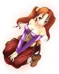  breasts brown_hair cleavage detached_sleeves dragon_quest dragon_quest_viii dress jessica_albert kneeling large_breasts ninoko purple_shirt red_eyes shirt solo strapless strapless_dress twintails whip 