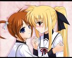  blonde_hair fate_testarossa lowres lyrical_nanoha mahou_shoujo_lyrical_nanoha mahou_shoujo_lyrical_nanoha_a's multiple_girls purple_eyes red_eyes red_hair ryuushou school_uniform seishou_elementary_school_uniform takamachi_nanoha twintails yuri 