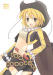  belt beltskirt bike_shorts blonde_hair chuujou_kagetsu cowboy_hat crop_top grey_eyes hat jewelry midriff necklace solo sonolar summon_night summon_night_3 thighhighs western 