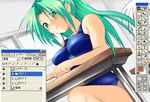  adobe_photoshop blush green_eyes green_hair higurashi_no_naku_koro_ni ninoko one-piece_swimsuit school_swimsuit solo sonozaki_mion swimsuit 