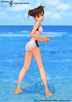  barefoot bikini bikini_shorts brown_eyes brown_hair day double_bun from_behind looking_back ocean original shorts solo swimsuit tankini wading water watermark web_address yuuki_katsuhiko 