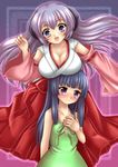  breast_envy breast_rest breasts breasts_on_head furude_rika hakama hanyuu higurashi_no_naku_koro_ni huge_breasts japanese_clothes miyano_ururu multiple_girls red_hakama 