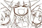  &gt;_&lt; :3 brown closed_eyes horns ibuki_suika inaba_tewi konpaku_youmu lowres monochrome multiple_girls non-web_source sketch touhou tsurupettan x3 