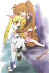  blonde_hair closed_eyes fate_testarossa lyrical_nanoha mahou_shoujo_lyrical_nanoha mahou_shoujo_lyrical_nanoha_strikers military military_uniform multiple_girls pantyhose red_hair school_uniform seishou_elementary_school_uniform side_ponytail takamachi_nanoha time_paradox tsab_ground_military_uniform twintails uniform vivio 