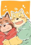  2018 anthro blush canine clothing dog duo eyes_closed humanoid_hands kota&acute; male male/male mammal overweight overweight_male shirt simple_background tanuki 