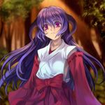  hakama hanyuu higurashi_no_naku_koro_ni horns japanese_clothes long_hair miko mutsuki_(moonknives) purple_eyes purple_hair red_hakama solo tree 
