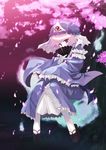  blue_dress cherry_blossoms covering_mouth dress fan floating folding_fan frills hat hitodama looking_at_viewer pink_hair saigyouji_yuyuko sandals short_hair sleeves_past_wrists socks solo tokiame touhou tree triangular_headpiece veil white_legwear wide_sleeves 