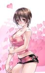  :o arm_grab breasts brown_hair cleavage collarbone cowboy_shot heart heart_background kousaki_rui large_breasts looking_at_viewer midriff original pink pink_background pink_eyes short_hair short_shorts shorts solo tank_top 