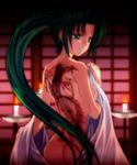  ass blue_eyes green_hair higurashi_no_naku_koro_ni long_hair mutsuki_(moonknives) nude ponytail solo sonozaki_mion tattoo 