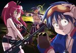  2boys belt bikini_top blue_hair boota breasts buckle cape cleavage collarbone creature drill glint goggles goggles_on_head holding holding_sword holding_weapon kamina katana large_breasts long_hair multiple_boys muscle nipples ponytail red_hair short_shorts shorts simon smile spiked_hair sunglasses sword tengen_toppa_gurren_lagann terazo thighhighs topless upper_body weapon wide-eyed yellow_eyes yoko_littner 