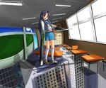  :d asakura_ryouko bangs blue_eyes blue_hair blue_sailor_collar blue_skirt crossover full_body indoors kita_high_school_uniform long_sleeves looking_at_viewer open_mouth outstretched_arm parody parted_bangs patricia_(stylish_marunage) sailor_collar school_uniform science_fiction serafuku shirt skirt smile solo standing suzumiya_haruhi_no_yuuutsu t-1000 terminator twisted_torso white_shirt 