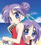  alternate_hairstyle chirorian double_bun hiiragi_kagami hiiragi_tsukasa lowres lucky_star mouth_hold multiple_girls one-piece_swimsuit purple_hair siblings sisters swimsuit twins 