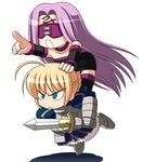  artoria_pendragon_(all) blindfold blonde_hair carrying chibi fate/stay_night fate_(series) kishi_nisen multiple_girls parody piggyback pointing rider saber sword thighhighs weapon 