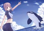  blonde_hair brown_eyes cloud day kimidorin orca original sky solo swimsuit water 