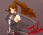  bare_shoulders blood breasts brown_hair coyote_ragtime_show earrings elbow_gloves fingerless_gloves gloves hairu jewelry july_(coyote_ragtime_show) katana large_breasts long_hair ponytail profile solo sword weapon 