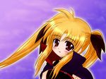  blonde_hair bow cape collar fate_testarossa hair_bow hair_ribbon long_hair looking_at_viewer lyrical_nanoha magical_girl mahou_shoujo_lyrical_nanoha purple_background red_eyes ribbon shaian sidelocks solo twintails 