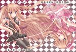  bangs bare_shoulders black_legwear black_skirt blonde_hair blunt_bangs bow buttons checkered checkered_background closed_mouth dress dual_persona eimu evangeline_a_k_mcdowell frills garter_straps hair_ribbon hat hat_bow leg_garter long_hair looking_at_viewer mahou_sensei_negima! miniskirt necktie off-shoulder_dress off_shoulder pink_bow pink_dress pink_hat pleated_skirt puffy_short_sleeves puffy_sleeves purple_eyes rating red_neckwear red_ribbon ribbon sailor_collar short_sleeves skirt sleeveless smile straight_hair thighhighs top_hat tsurime two_side_up upper_body very_long_hair white_legwear zettai_ryouiki 