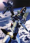  airplane cloud floating flying gun highres jet macross macross_plus mecha no_humans rifle sky tenjin_hidetaka variable_fighter weapon yf-19 yf-21 