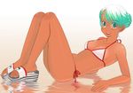  bikini glasses green_eyes green_hair kiriman_(souldeep) original sandals short_hair side-tie_bikini solo swimsuit tan water 