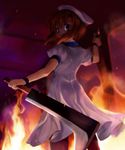  crazy_eyes fire hatchet higurashi_no_naku_koro_ni lighter mutsuki_(moonknives) nose_hatchet orange_hair ryuuguu_rena smoke solo weapon 