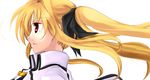  blonde_hair cape fate_testarossa from_side hair_ribbon long_hair lyrical_nanoha magical_girl mahou_shoujo_lyrical_nanoha_strikers manose_kikyou red_eyes ribbon solo twintails wind 