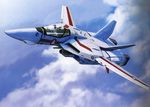  choujikuu_yousai_macross cloud day flying highres ichijou_hikaru macross mecha realistic sky tenjin_hidetaka valkyrie variable_fighter vf-1 vf-1j 