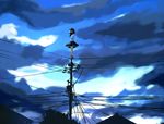  blue cloud day hat looking_at_viewer on_top_of_pole outdoors power_lines scenery shameimaru_aya skirt sky solo takanashi_akihito telephone_pole tokin_hat touhou wind 