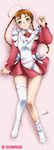  ahoge apron arika_yumemiya blue_eyes braid brown_hair closed_mouth dakimakura dress from_above full_body long_sleeves looking_at_viewer lying my-otome my-otome_zwei on_back red_dress smile solo thighhighs twin_braids white_legwear 