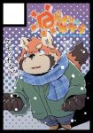  2018 ailurid anthro clothing humanoid_hands japanese_text kota&acute; male mammal pants red_panda scarf slightly_chubby snow solo sweater text 