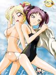  :d arched_back ass back-to-back bare_shoulders bikini blonde_hair breasts comic competition_swimsuit creature fii-tan fii-tan_the_figure lavender_eyes looking_at_viewer medium_breasts multiple_girls one-piece_swimsuit open_mouth purple_hair ripe-tan short_hair side-tie_bikini sideboob small_breasts smile standing swimsuit white_bikini 