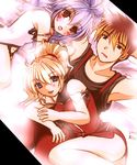  alfimi artist_request bed blonde_hair blue_eyes blue_hair excellen_browning kyousuke_nanbu lying multiple_girls red_eyes super_robot_wars 