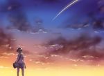  arms_at_sides back bag black_hair cloud collared_shirt from_behind konno_makoto miniskirt outdoors school_uniform shirt shooting_star short_hair short_sleeves shoulder_bag skirt skirt_lift sky solo tenkuu_sphere toki_wo_kakeru_shoujo twilight white_shirt wind 